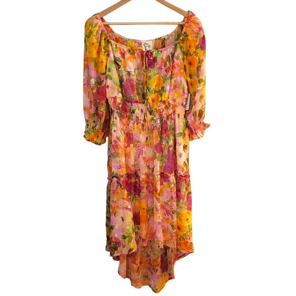 New Anthropologie Fig & Flower Floral Boho Hi Lo Chiffon LS Dress Lined Large - Picture 8 of 9
